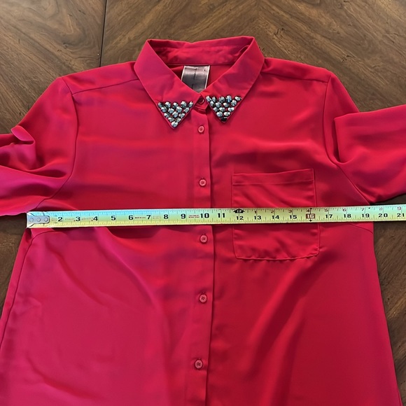 Sheer Red Blouse with Beaded Collar Sz XL - Picture 6 of 8
